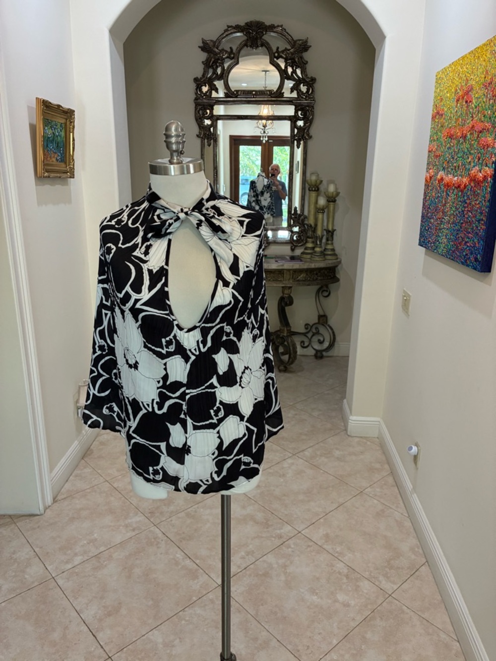 Jaipur Black & White Keyhole Tie-Neck Blouse